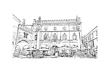 Building view with landmark of 
Port of Ravenna is the seaport in Italy.  Hand drawn sketch illustration in vector.