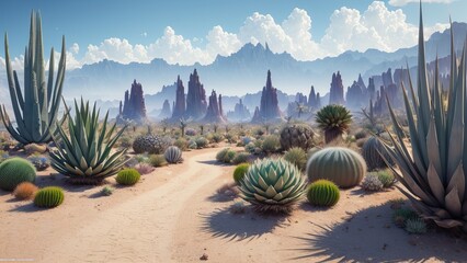 Landscape overlooking a rocky canyon, surrounded by cacti. The road to the valley of death