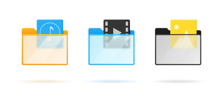 Set of folder icons with multimedia and transparent glass elements isolated on white background. Vector illustration.