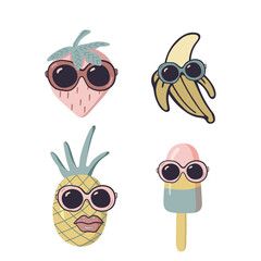 set of fun fruits and ice cream. Banana, strawberry, ice cream, pineapple with sunglasses. Bright decorative set of design elements. All objects are separated. Drawn by hand. Vector illustration.