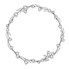 Vector round frame, wreath from outline tulips. Hand drawn spring border, decoration for greeting card, wedding, birthday, Valentine's Day