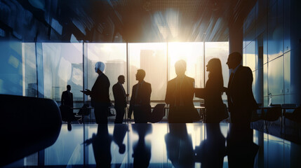 Silhouette of business people work together in office. Concept of teamwork and partnership. double...