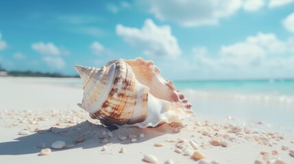 Fototapeta na wymiar Conch shell on a sandy beach with the ocean in the background. Generative AI