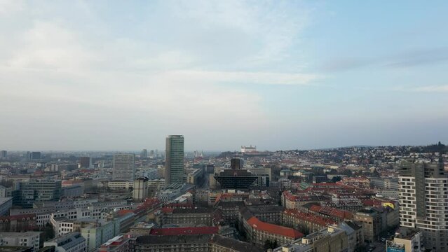 Modern and old architecture of Bratislava, Bratislava Castle on the horizon, 4k