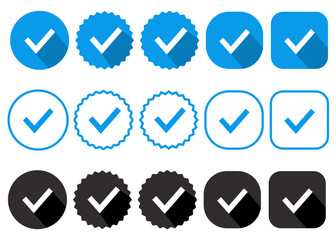 Check marks on blue and black figures. Vector isolated elements. Tick circle black, blue icons vector signs. Choice tick vote symbol isolated on white background EPS 10