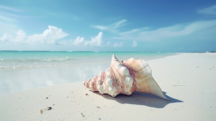 Obraz na płótnie Canvas Conch shell on a sandy beach with the ocean in the background. Generative AI