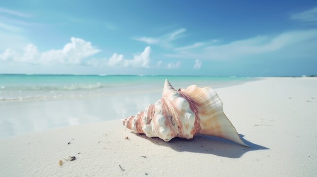 Conch shell on a sandy beach with the ocean in the background. Generative AI