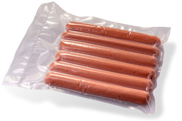 wurstel sausage or Vienna sausages in vacuum pack for sous vide cooking isolated on white with...