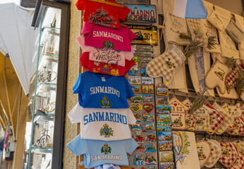 SAN MARINO, JULY 5, 2023 - San Marino souvenirs in a shop of San Marino, Republic of San Marino, Europe
