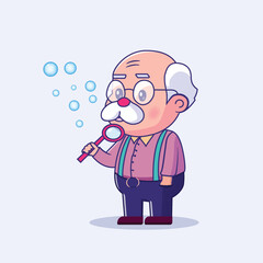 Vector funny character icon for grandfather blowing bubble flat cartoon illustration.