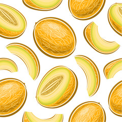 Vector Melon Seamless Pattern, square repeating background with cut out illustrations of ripe chopped melons with grains for wrapping paper, collection of flat lay juicy melon fruits for home interior