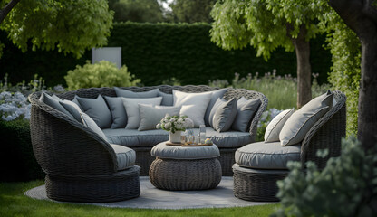 Grey pillows on trendy wicker L shape sofa in the green garden, generative ai