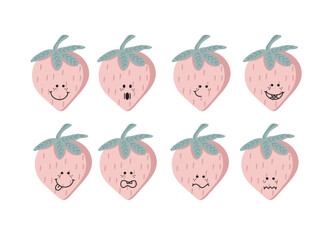 Beautiful strawberries with different emotions. Funny berries. Stickers set. Bright decorative set of design elements. All objects are separated. Drawn by hand. Vector illustration.