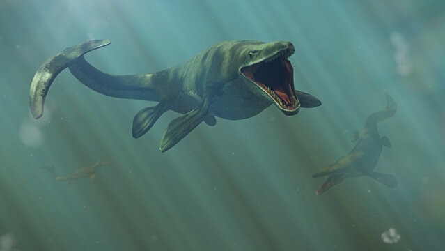 Mosasaurus, extinct marine reptiles from the Late Cretaceous, 3d paleoart rendering
