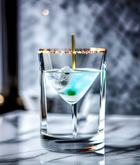 Realistic illustration Cocktail glasses with delicious martini and lemon on the table. City nightlife concept. Bar. Relax. Aperitif. The Art of the Bartender