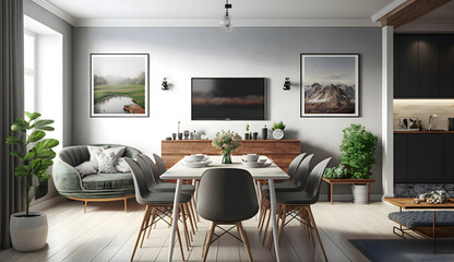 Open space living and dining room interior with flat tv, grey sofa and wooden table with trendy chairs, generative ai