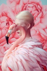 Abstract exotic pastel pink animal and woman concept portrait, young beautiful girl and tropical elegant flamingo. Generative AI.