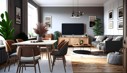 Open space living and dining room interior with flat tv, grey sofa and wooden table with trendy chairs, generative ai