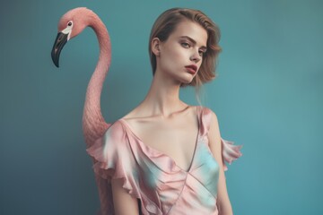Abstract exotic pastel pink animal and woman concept portrait, young beautiful girl and tropical elegant flamingo. Generative AI. - obrazy, fototapety, plakaty