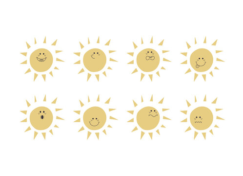 Set and suns with different emotions. Sun face. Stickers set. Bright decorative set of design elements. All objects are separated. Drawn by hand. Vector illustration.