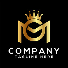 Letter gm logo design with crown and gold color.