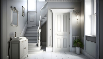 Corridor with stairs and open door to elegant bathroom with silver wall and white sink, generative ai