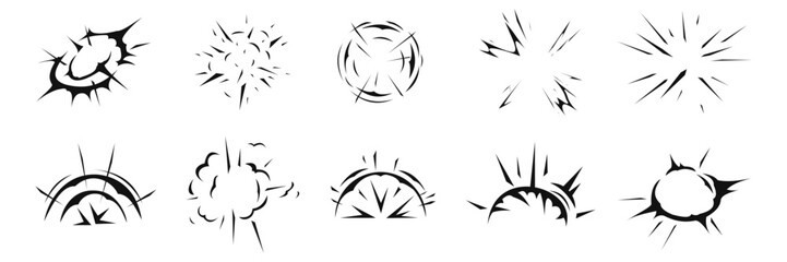 Cartoon motion blast effects. Vector moving flash graphics, comic power explosions or energy shape graphic designs.