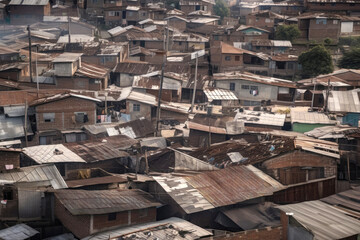 Fototapeta premium Slums with poor houses. Concept of poverty and destitution in society. Created with Generative AI technology.