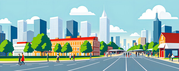 Wide city panorama with pedestrians, cyclists, buildings, trees and road. People are walking down the street. Horizontal cityscape. Scene with townspeople, world concept. Flat vector illustration