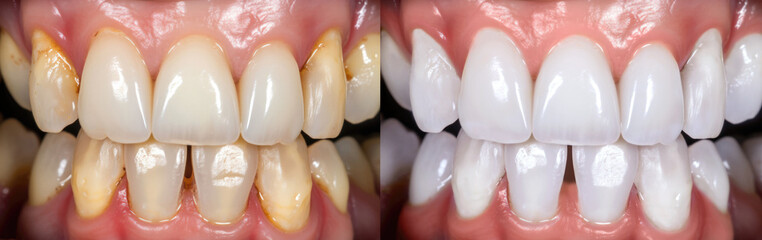 Professional teeth whitening and cleaning, before and after results. Created with Generative AI technology.