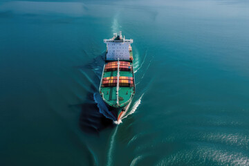 Aerial view of cargo ship transports containers by sea. Shipping containers cargo. Logistics, import and export. Created with Generative AI technology.