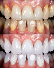Professional teeth whitening and cleaning, before and after results. Created with Generative AI technology.