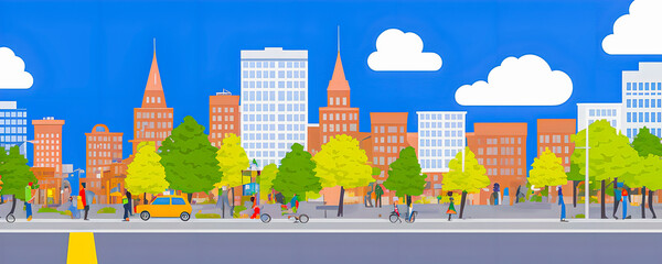 Naklejka premium Wide city panorama with pedestrians, cyclists, buildings, trees and road. People are walking down the street. Horizontal cityscape. Scene with townspeople, world concept. Flat vector illustration