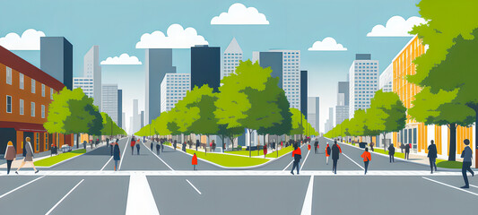 Wide city panorama with pedestrians, cyclists, buildings, trees and road. People are walking down the street. Horizontal cityscape. Scene with townspeople, world concept. Flat vector illustration
