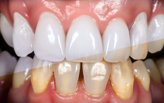 Professional teeth bleaching and cleaning, before and after results. Created with Generative AI technology.