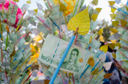 20 Thai Baht banknote - Donation at a Buddhist temple on the hill of the Big Buddha in Pattaya Thailand