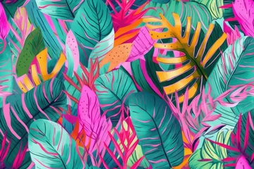 Foto op Plexiglas Seamless pattern tropical background, illustration of exotic summer leaf and plants in vivid colorful colors, flat lay. Generative AI. © Uncanny Valley