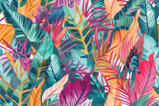 Seamless pattern tropical background, illustration of exotic summer leaf and plants in vivid colorful colors, flat lay. Generative AI.