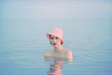 Young beautiful modern fashion girl in retro styling, elegant woman standing in warm calm lake. Gloomy colors of water in the morning landscape. Generative AI.