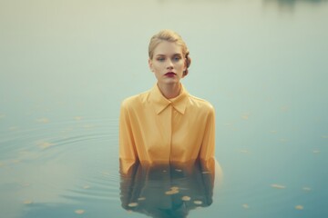 Fototapeta premium Young beautiful modern fashion girl in retro styling, elegant woman standing in warm calm lake. Gloomy colors of water in the morning landscape. Generative AI.