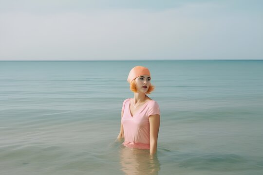 Young beautiful modern fashion girl in retro styling, elegant woman standing in warm calm lake. Gloomy colors of water in the morning landscape. Generative AI.