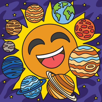 Happy Sun and Solar System Colored Cartoon 