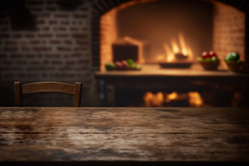 Wooden table for product pizza display, pizza oven, generative AI - obrazy, fototapety, plakaty