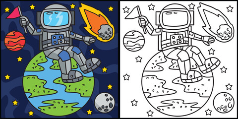 Astronaut Sitting On Earth Coloring Illustration