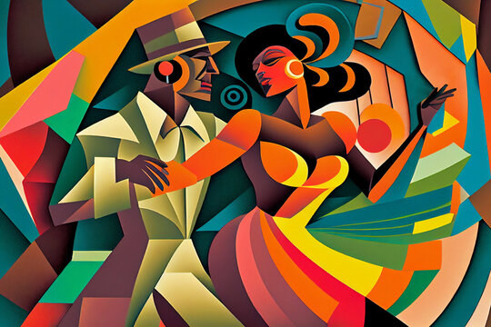 Latin American Hispanic male and female couple dancing the ballroom Calypso dance shown in an abstract cubist style painting for a poster or flyer, computer Generative AI stock illustration image