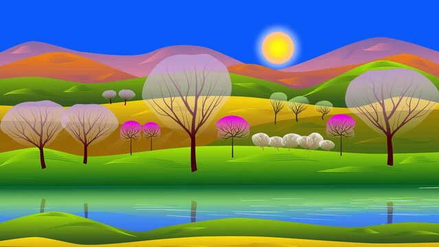 Cartoon. 2d animation. Fantastic bright spring landscape, animated river and animated sun.
