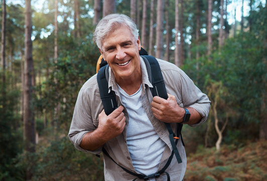 Happy, hiking and portrait of old man in nature for relax, trekking and adventure. Travel, wellness and vacation with senior male walking in forest for retirement, backpacking and cardio endurance