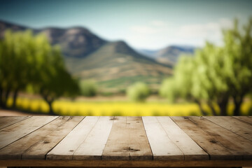 Wooden table for product display in fruit garden, generative AI