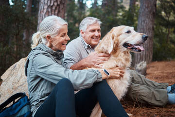 Senior couple, hiking and dog outdoor in nature for exercise, fitness and trekking for health and wellness. Old man, woman and golden retriever pet on hike in forest for workout, cardio and happiness