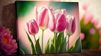 Painting with pink tulips., Generative AI